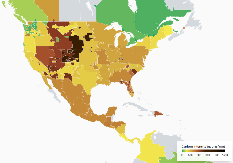Screenshot of continental United States showing various carbon intensity levels for electricity generation